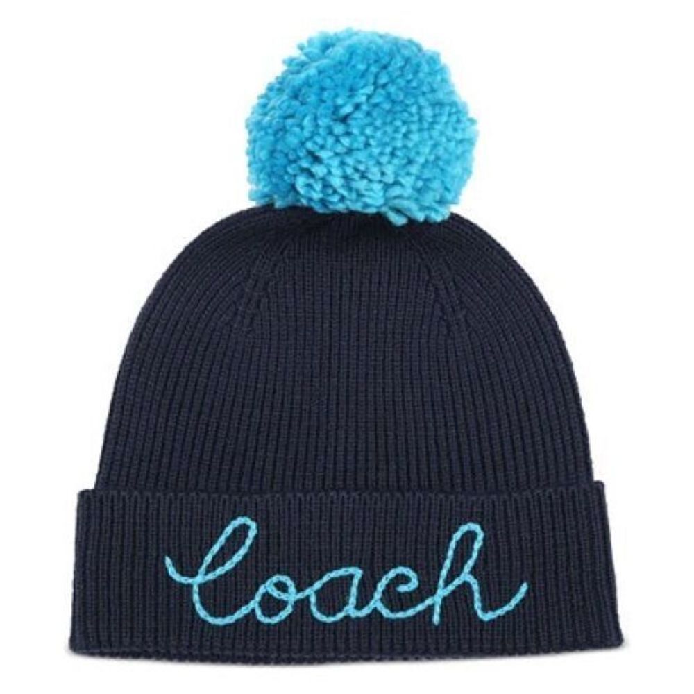 Coach Women's Script Logo Pom Pom Blue Beanie One Size
